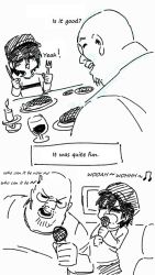Rule 34 | 2koma, alcohol, bald, black hair, black headwear, black pants, candle, closed eyes, comic, cup, dot nose, drawfag, drinking glass, eighth note, english text, facial hair, fat, fat man, food, furrowed brow, glasses, goatee, hat, highres, indoors, karaoke, lee hoon, microphone, monochrome, music, musical note, open mouth, pants, pince-nez, shirt, singing, source request, steak, striped clothes, striped shirt, suicide boy, table, television, white background, wine, wine glass