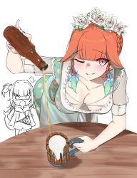 Rule 34 | 2girls, apron, artselmetti, beer mug, bent over, blunt bangs, blush, bottle, braid, breasts, breasts apart, chibi, cleavage, collarbone, crown braid, cup, dirndl, downblouse, dress, earrings, feather earrings, feathers, fins, fish tail, floral print, flower, gawr gura, german clothes, grey hair, grin, hair flaps, hanging breasts, head wreath, highres, hololive, hololive english, jewelry, large breasts, leaning forward, looking at viewer, mug, multicolored hair, multiple girls, oktoberfest, one eye closed, orange hair, pouring, purple eyes, scoop neck, see-through, see-through sleeves, short sleeves, simple background, smile, solo focus, table, tail, takanashi kiara, takanashi kiara (dirndl), two-tone hair, virtual youtuber, waist apron, waitress, white background