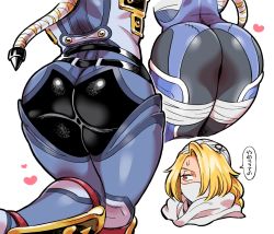 Rule 34 | 1girl, ass, bad id, bad pixiv id, blonde hair, bodysuit, braid, braided ponytail, doboshiru, hair over one eye, huge ass, long hair, mask, multiple views, nintendo, red eyes, reverse trap, sheik, shiny clothes, simple background, single braid, skin tight, sweatdrop, the legend of zelda, the legend of zelda: ocarina of time, thick thighs, thighs, turban, white background, wide hips