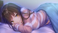 Rule 34 | 1girl, akasaai, bed, blanket, breasts, brown eyes, brown hair, closed mouth, game cg, highres, large breasts, long hair, looking at viewer, lying, medium breasts, navel, ninnindays, official art, on side, patterned clothing, pov, smile, solo, sumire (ninnindays), under covers