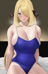 Rule 34 | 1girl, alternate costume, bed sheet, blonde hair, blue one-piece swimsuit, blush, breasts, breath, commission, covered navel, creatures (company), cynthia (pokemon), game freak, grey eyes, hair ornament, hair over one eye, highres, indoors, large breasts, long hair, looking at viewer, nintendo, on bed, one-piece swimsuit, parted lips, pixiv commission, pokemon, pokemon dppt, revision, rinrin (user tvcf4347), school swimsuit, sitting, skindentation, smile, solo, sweat, swimsuit, thighs, tongue, tongue out, undersized clothes, waist cutout