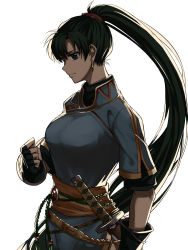 Rule 34 | absurdres, backlighting, blue dress, clenched hand, delsaber, dress, earrings, fingerless gloves, fire emblem, fire emblem: the blazing blade, gloves, green eyes, green hair, highres, jewelry, katana, long hair, looking down, lyn (fire emblem), nintendo, ponytail, rope belt, solo, sword, weapon, white background