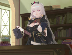 Rule 34 | 1girl, absurdres, belt, black nails, book, bookshelf, breasts, capelet, cleavage, cloak, desk, highres, hololive, hololive english, large breasts, library, long hair, mori calliope, nail polish, pink eyes, pink hair, quatthro, smile, solo, sunlight, tiara, virtual youtuber, window