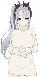 Rule 34 | 1girl, blush, breasts, closed mouth, commentary request, grey hair, highres, honey strap, horns, large breasts, long hair, looking at viewer, mole, mole under eye, nanashi inc., parted bangs, purple eyes, ribbed sweater, side ponytail, simple background, solo, sougetsu eli, sweater, temari rin, turtleneck, turtleneck sweater, very long hair, virtual youtuber, white background, white sweater