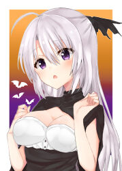 Rule 34 | 1girl, ahoge, ayachi nene, bat (animal), black dress, black ribbon, blush, breasts, chestnut mouth, cleavage, cleavage cutout, clothing cutout, commentary, dress, eyelashes, gradient background, hair between eyes, hair ribbon, halloween, hands up, head tilt, highres, large breasts, long hair, looking at viewer, official alternate costume, open mouth, purple eyes, raised eyebrows, ribbon, sanoba witch, shirt, short sleeves, sidelocks, solo, straight hair, tsukune (bnkv5), upper body, very long hair, white hair, white shirt, yuzu-soft