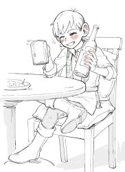 Rule 34 | 1boy, alcohol, beer mug, blush, boots, bottle, chair, chilchuck tims, commentary, cup, dm kitsune, dungeon meshi, greyscale, grin, highres, holding, holding bottle, holding cup, male focus, monochrome, mug, one eye closed, pants, shirt, simple background, sitting, smile, solo, spot color, symbol-only commentary, table