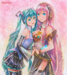 Rule 34 | 2girls, artist name, asymmetrical docking, blue eyes, breast press, collar, detached sleeves, green eyes, green hair, hatsune miku, hatsune miku (vocaloid3), hatsune miku (vocaloid4), headphones, highres, interlocked fingers, long hair, looking at viewer, marker (medium), mayo riyo, megurine luka, megurine luka (vocaloid4), multiple girls, nail polish, necktie, open mouth, pink hair, skirt, smile, thighhighs, traditional media, twintails, v4x, very long hair, vocaloid