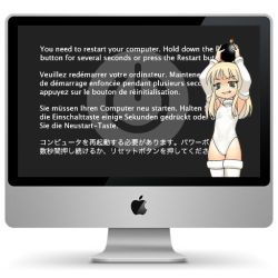 Rule 34 | 1girl, apple, apple inc., armpits, blonde hair, blue screen of death, bomb, breasts, computer, english text, explosive, flat chest, food, french text, fruit, german text, green eyes, kernel panic, long hair, macintosh, mixed-language text, monitor, multilingual, os-tan, osx, screen, see-through, solo, thighhighs, transparent background