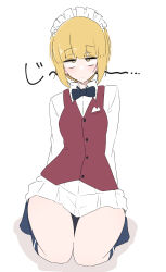 Rule 34 | 1girl, ame (amechan17391739), arms behind back, bartender, black bow, black bowtie, black socks, blonde hair, blunt bangs, blush, bob cut, bow, bowtie, brown vest, closed mouth, commentary, cutlass (girls und panzer), dress shirt, full body, girls und panzer, half-closed eyes, handkerchief, highres, kneeling, light frown, long sleeves, looking at viewer, maid headdress, miniskirt, pleated skirt, shirt, short hair, simple background, single horizontal stripe, skirt, socks, solo, staring, translated, vest, white background, white shirt, white skirt, wing collar, yellow eyes