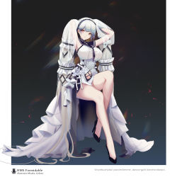 Rule 34 | 1girl, absurdres, armpits, arms behind head, azur lane, bare legs, black footwear, black neckwear, black sailor collar, breasts, clothing cutout, dress, formidable (azur lane), formidable (timeless classics) (azur lane), hair ornament, high heels, highres, huangmao, impossible clothes, impossible dress, large breasts, leg up, legs, long hair, navel, navel cutout, official alternate costume, red eyes, sailor collar, see-through, silver hair, smile, solo, thighs, twintails, veil, very long hair, white dress
