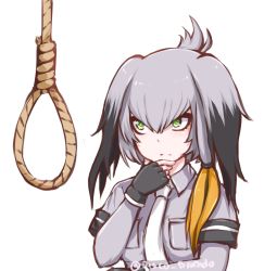 Rule 34 | 10s, 1girl, black gloves, black hair, breasts, collared shirt, commentary, disco brando, fingerless gloves, gloves, green eyes, grey hair, hair between eyes, hand on own chin, kemono friends, long hair, low ponytail, man looking at noose (meme), medium breasts, meme, multicolored hair, necktie, noose, rope, serious, shirt, shoebill (kemono friends), side ponytail, silver necktie, solo, transparent background, tsurime, twintails, twitter username, two-tone hair, upper body, white necktie