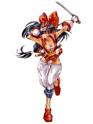 Rule 34 | 1girl, absurdres, ainu clothes, arm up, armpits, blue hair, breasts, brown eyes, cleavage, clothes pull, fingerless gloves, fundoshi, gloves, hair ribbon, highres, japanese clothes, legs, long hair, medium breasts, nakoruru, open clothes, pants, pants pull, ribbon, samurai spirits, sarashi, snk, the king of fighters, thighs, underboob, weapon