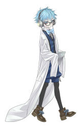 Rule 34 | 10s, 1boy, blue eyes, blue hair, bow, bowtie, fate/extra, fate/extra ccc, fate (series), full body, hans christian andersen (fate), headphones, highres, kujou kiyo, lab coat, long sleeves, looking at viewer, male focus, pantyhose, simple background, sleeves past wrists, solo, white background