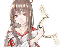 Rule 34 | 10s, 1girl, absurdres, ahoge, baffu, brown hair, collarbone, double bun, hair bun, hairband, unworn hairband, highres, holding, kantai collection, kongou (kancolle), long hair, looking at viewer, nontraditional miko, off shoulder, parted lips, purple eyes, ribbon-trimmed sleeves, ribbon trim, simple background, sketch, smile, solo, upper body, white background