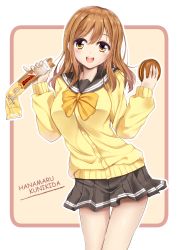 Rule 34 | 1girl, :d, black skirt, blush, bow, bowtie, brown hair, burger, character name, cowboy shot, food, fule, highres, holding, holding food, kunikida hanamaru, long hair, long sleeves, looking at viewer, love live!, love live! sunshine!!, open mouth, outline, pleated skirt, round teeth, school uniform, serafuku, simple background, skirt, smile, solo, standing, sweater, tareme, teeth, thighs, w arms, white outline, yellow background, yellow bow, yellow bowtie, yellow eyes
