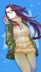 Rule 34 | 1girl, absurdres, bangs pinned back, black-framed eyewear, breasts, closed mouth, commentary request, fur-trimmed jacket, fur trim, glasses, hands in pockets, highres, jacket, kagamihara sakura, kanimiso (mikoki), large breasts, long hair, long sleeves, open clothes, open jacket, purple eyes, purple hair, ribbed sweater, simple background, sweater, yurucamp