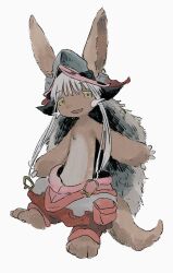 Rule 34 | 1other, :3, animal ears, animal feet, body fur, brown fur, ears through headwear, full body, furry, green eyes, helmet, highres, kebe6p, looking at viewer, made in abyss, multicolored pants, nanachi (made in abyss), open mouth, pants, raised eyebrows, red pants, short hair with long locks, simple background, smile, solo, standing, standing on one leg, tail, tareme, whiskers, white background, white hair, white pants