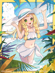 Rule 34 | 1girl, :d, bare arms, bikini, bikini top only, blonde hair, blue sky, border, braid, cloud, commentary, creatures (company), cumulonimbus cloud, day, falling petals, flower, game freak, green eyes, hands on headwear, hat, highres, kinocopro, lillie (pokemon), long hair, looking at viewer, navel, nintendo, ocean, open mouth, outdoors, petals, plant, pokemon, pokemon (anime), pokemon sm (anime), rainbow, sarong, sky, smile, solo, sparkle, stomach, sun hat, swimsuit, teeth, thigh gap, twin braids, twitter username, wading, water, white hat, yellow border, yellow flower