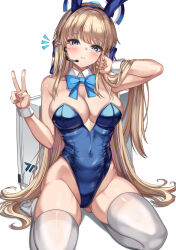 Rule 34 | 1girl, animal ears, bare arms, bare shoulders, blonde hair, blue archive, blue bow, blue bowtie, blue eyes, blue hair, blue hairband, blue halo, blue leotard, blush, bow, bowtie, breasts, cenangam, cleavage, closed mouth, commentary, covered navel, detached collar, fake animal ears, gluteal fold, hair ornament, hairband, halo, hand in own hair, highleg, highleg leotard, highres, kneeling, large breasts, leotard, long hair, looking at viewer, multicolored hair, official alternate costume, playboy bunny, rabbit ears, simple background, solo, streaked hair, thighhighs, thighs, toki (blue archive), toki (bunny) (blue archive), v, very long hair, white background, white thighhighs, wrist cuffs