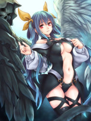 Rule 34 | 1girl, asymmetrical wings, blue hair, breasts, cleavage, dizzy (guilty gear), guilty gear, highres, long hair, looking at viewer, monster girl, red eyes, ribbon, solo, tail, tail ornament, tail ribbon, toshi, underboob, wings