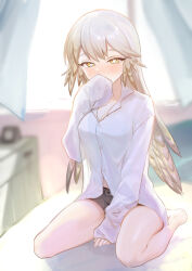 Rule 34 | 1girl, aizuki sui, arknights, black shorts, blush, breasts, bright pupils, chest of drawers, cleavage, collared shirt, curtains, fartooth (arknights), feather hair, grey hair, hand to own mouth, highres, indoors, long hair, long sleeves, medium breasts, shirt, short shorts, shorts, sitting, sleeves past fingers, sleeves past wrists, solo, very long hair, wariza, white pupils, white shirt, window, yellow eyes