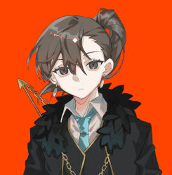 Rule 34 | 1girl, :&lt;, black coat, black eyes, black vest, blue necktie, brown hair, chain, closed mouth, coat, collared shirt, e.g.o (project moon), employee (project moon), high ponytail, highres, huabudong, lobotomy corporation, long hair, long sleeves, looking at viewer, necktie, project moon, shirt, solo, upper body, vest, white shirt
