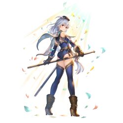 Rule 34 | 1girl, amelia (granblue fantasy), ass, blue leotard, blue thighhighs, boots, brown footwear, brown gloves, from behind, full body, gloves, granblue fantasy, hat, holding, holding sword, holding weapon, leotard, long hair, looking at viewer, looking back, minaba hideo, official art, pink hair, sheath, sheathed, simple background, sleeveless, solo, standing, sword, thighhighs, transparent background, weapon, white hair