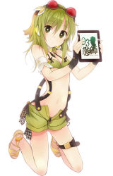 Rule 34 | 1girl, :o, armband, bikini, bikini top only, breasts, fingerless gloves, gloves, goggles, goggles on head, green bikini, green eyes, green hair, green shorts, gumi, hair between eyes, headset, holding, leg belt, looking at viewer, navel, open clothes, open shorts, red-tinted eyewear, shoes, short hair, shorts, sidelocks, simple background, small breasts, solo, suspender shorts, suspenders, swimsuit, tablet pc, taicho128, tinted eyewear, toeless footwear, vocaloid, white background