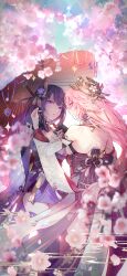 Rule 34 | 2girls, animal ears, bare back, bare shoulders, black thighhighs, braid, breasts, bridal gauntlets, cherry blossoms, cleavage, detached sleeves, earrings, floppy ears, flower, fox ears, genshin impact, hair flower, hair ornament, highres, holding, holding umbrella, implied yuri, japanese clothes, jewelry, kimono, long hair, long sleeves, looking at another, looking at viewer, low-braided long hair, low-tied long hair, medium breasts, mole, mole under eye, multiple girls, nemumi no sora, nontraditional miko, obi, obiage, obijime, oil-paper umbrella, open mouth, pink flower, pink fur, pink hair, purple eyes, purple hair, purple kimono, raiden shogun, sash, sideboob, smile, thighhighs, umbrella, very long hair, wide sleeves, yae miko, yuri