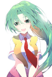 Rule 34 | 1girl, blush, breasts, collared shirt, colored eyelashes, commentary request, green eyes, green hair, high ponytail, highres, higurashi no naku koro ni, large breasts, long hair, looking at viewer, necktie, open clothes, open mouth, open vest, parted bangs, ponytail, red necktie, red skirt, shirt, simple background, skirt, solo, sonozaki mion, suzuragi karin, vest, white background, white shirt, yellow vest