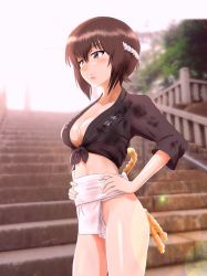 Rule 34 | 1girl, blush, breasts, brown eyes, brown hair, cameltoe, cleavage, closed mouth, collarbone, fundoshi, girls und panzer, hands on own hips, highres, hiyama yuu (wee259hiyama), japanese clothes, medium breasts, nishizumi maho, no bra, outdoors, shiny skin, short hair, sky, solo, stairs, standing