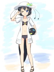 Rule 34 | 1girl, ;d, absurdres, antennae, ball, bikini, black bikini, black hair, blue eyes, bow, full body, grin, hat, hat bow, highres, jacket, kemono friends, navel, one eye closed, open clothes, open jacket, open mouth, sandals, shiraha maru, short hair, short sleeves, simple background, smile, solo, standing, swimsuit, tail, v over eye, western parotia (kemono friends), white hat, white jacket