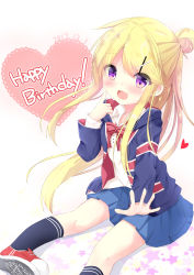 Rule 34 | 1girl, :d, black socks, blonde hair, blue skirt, blue socks, blush, bow, bowtie, child, collared shirt, commentary request, converse, dated, fang, finger to cheek, flag print, hair bun, hair ornament, hairclip, happy birthday, heart, highres, hood, hood down, hoodie, jacket, kin-iro mosaic, kneehighs, kouda suzu, kujou karen, long hair, long sleeves, open clothes, open hoodie, open mouth, outstretched arm, pink bow, pink bowtie, pleated skirt, purple eyes, red footwear, school uniform, shirt, shoes, simple background, single hair bun, sitting, skirt, smile, sneakers, socks, solo, striped bow, striped bowtie, striped clothes, striped neckwear, union jack, very long hair, white background, white shirt, x hair ornament