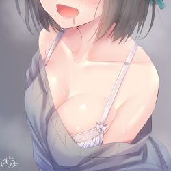 Rule 34 | 1girl, bad id, bad pixiv id, bare shoulders, black hair-chan (ramchi), bra, breasts, brown hair, cleavage, collarbone, commentary, drooling, grey sweater, highres, large breasts, mouth drool, off-shoulder sweater, off shoulder, open mouth, original, ramchi, short hair, signature, solo, sweater, underwear, white bra
