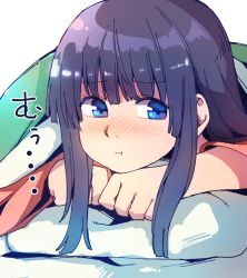 Rule 34 | 1girl, alternate hair color, anarogumaaa, bad id, bad pixiv id, blue eyes, blush, colored eyelashes, cover, face, hime cut, houraisan kaguya, long hair, long sleeves, looking to the side, lying, on stomach, pillow, pout, purple hair, simple background, solo, touhou, white background