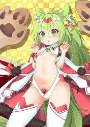 Rule 34 | 1girl, animal ear fluff, animal ears, azur lane, bell, blush, breasts, center opening, checkered background, claw pose, commentary request, fingernails, fur trim, green eyes, green hair, hair bell, hair ornament, hands up, isokaze (azur lane), isokaze (new year&#039;s campaign) (azur lane), jingle bell, leotard, long hair, navel, parted lips, shiruko (27anko), short sleeves, small breasts, solo, tail, thighhighs, very long hair, white leotard, white thighhighs, wide sleeves