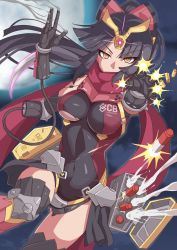Rule 34 | 1girl, beam cannon, black hair, breasts, covered navel, fate/grand order, fate (series), finger cannon, firing, full moon, gun, gundam, highres, joints, katou danzou (fate), long hair, medium breasts, missile, missile pod, moon, ponytail, robot joints, rocket punch, scarf, shell casing, shimouki izui, smoke, smoking gun, solo, v-fin, weapon, yellow eyes