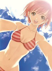 Rule 34 | 1girl, absurdres, armpits, backlighting, bikini, breasts, breasts apart, brown eyes, cleavage, day, foreshortening, from below, halterneck, highres, navel, open mouth, outdoors, pov, reaching, reaching towards viewer, red bikini, red hair, seena kanon, sega, shining (series), shining wind, short hair, solo, stomach, string bikini, striped bikini, striped clothes, swimsuit, teeth, tony taka, upper teeth only, wide hips