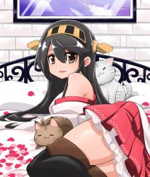 Rule 34 | 1girl, :3, = =, animal, bare shoulders, bed, bed sheet, black hair, black thighhighs, brown eyes, cat, detached sleeves, eyebrows, hair between eyes, hairband, haruna (kancolle), highres, kantai collection, long hair, long sleeves, looking at viewer, lying, miniskirt, on bed, on side, open mouth, over-kneehighs, petals, pleated skirt, red skirt, rikuo (whace), skirt, solo, straight hair, thighhighs, zettai ryouiki