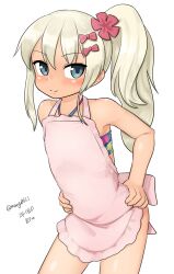 Rule 34 | 1girl, absurdres, apron, bikini, blonde hair, blue bikini, bow, flower, grecale (kancolle), grey eyes, hair bow, hair flower, hair ornament, hairclip, highres, kantai collection, leaning forward, long hair, looking at viewer, maru (marg0613), multicolored bikini, multicolored clothes, official alternate costume, one-hour drawing challenge, pink apron, side ponytail, simple background, solo, swimsuit, tan, white background