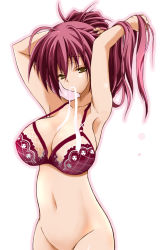 Rule 34 | 1girl, armpits, arms up, bottomless, bra, breasts, brown eyes, cleavage, duplicate, hairdressing, large breasts, lingerie, long hair, mouth hold, navel, no panties, original, pink hair, red hair, ribbon, shibamine takashi, solo, underwear, yellow eyes