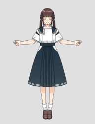 Rule 34 | 1girl, absurdres, blunt bangs, bobby socks, braid, brown footwear, brown hair, closed eyes, closed mouth, facing viewer, full body, grey background, hanatsuki, highres, hip vent, loafers, original, outstretched arms, pleated skirt, school uniform, serafuku, shirt, shoes, short sleeves, sidelocks, simple background, skirt, socks, solo, standing, twin braids, twintails, white shirt, white socks