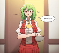 Rule 34 | 1girl, ascot, bowl, breasts, chocolate, collared shirt, commentary, door, english commentary, english text, green hair, highres, kazami yuuka, large breasts, looking down, mata (matasoup), open mouth, plaid, plaid skirt, plaid vest, red eyes, red skirt, red vest, shirt, short hair, skirt, solo, standing, sweatdrop, thought bubble, touhou, vest, white shirt, wing collar, yellow ascot