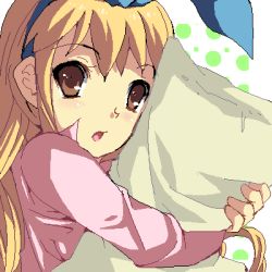 Rule 34 | 1girl, :o, blonde hair, bow, breasts, brown eyes, calamity jane, drill hair, enoo, from side, hair ribbon, hairband, jaggy lines, long hair, looking at viewer, lowres, hugging object, oekaki, open mouth, pillow, pillow hug, ribbon, sidelocks, simple background, solo, upper body, white background, wild arms, wild arms 1