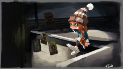 Rule 34 | 1girl, beanie, brown hat, closed mouth, full body, green eyes, grey pants, hat, highres, inkling, inkling girl, inkling player character, long hair, long sleeves, nintendo, orange hair, pants, pom pom (clothes), poster (object), shoes, signature, sitting, smile, solo, splatoon (series), splatoon 2, striped clothes, striped headwear, tarai (silica5), tentacle hair, white footwear