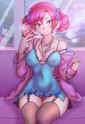 1girl black_thighhighs blue_camisole blue_eyes blush bottomless breasts camisole cellphone collarbone covered_erect_nipples cowboy_shot cross-laced_clothes digimon digimon_story:_cyber_sleuth falcon_(burbdoodles) garter_straps highres holding holding_phone indoors jacket large_breasts long_hair no_panties off_shoulder phone pink_hair pink_jacket pubic_hair pussy selfie shiramine_nokia sideless_outfit sitting smartphone smile solo thighhighs twintails