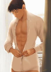 Rule 34 | 1boy, abs, artist name, backlighting, balcony, black hair, blurry, blurry background, bottomless, buttoning, buttons, closed mouth, collarbone, collared shirt, curtains, dress shirt, dressing, facing viewer, fingernails, fullmetal alchemist, head tilt, highres, indoors, long sleeves, male focus, pectorals, railing, roy mustang, shirt, smile, spiked hair, sunlight, urikurage, white shirt