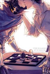 Rule 34 | absurdres, armor, artist name, bekkomi, board game, breastplate, cape, chess, chessboard, collarbone, collared shirt, commentary, english commentary, from side, gloves, grey background, highres, jayce (league of legends), kiss, league of legends, profile, shirt, short hair, simple background, viktor (league of legends), yaoi