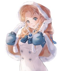 1girl, annette fantine dominic, blue eyes, capelet, commentary, dress, english commentary, fire emblem, fire emblem: three houses, gloves, hands up, head tilt, highres, hood, hooded capelet, long hair, looking at viewer, moja (moquackja), nintendo, open mouth, orange capelet, orange hair, simple background, solo, upper body, white background, white dress, white gloves