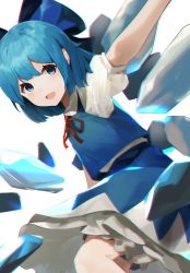 Rule 34 | 1girl, :d, absurdres, blouse, blue bow, blue hair, blue skirt, blue vest, bow, cirno, commentary, hair between eyes, hair bow, highres, ice, ice wings, kurowa (curowa), looking at viewer, neck ribbon, open mouth, petticoat, puffy short sleeves, puffy sleeves, red ribbon, ribbon, shirt, short hair, short sleeves, skirt, smile, touhou, upper body, vest, white background, white shirt, wings